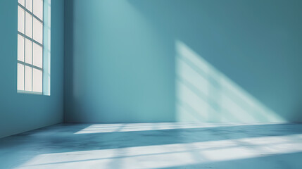 Obraz premium Sunlight casting geometric shadows in an empty blue room with large windows.