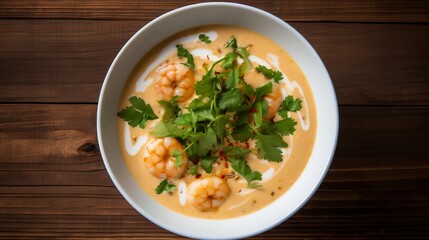 Coconut shrimp soup on a wooden table