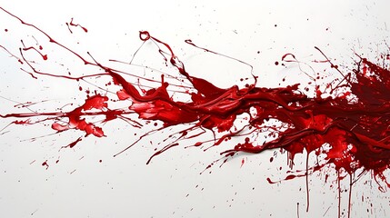 Ruby red paint splashes merging and blending, forming intriguing shapes on a blank white canvas.