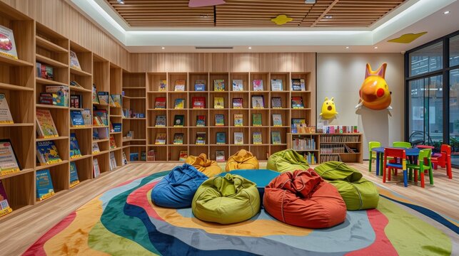 Modern children's library with colorful bean bags, bookshelves, and playful decorations, creating a cozy reading environment.