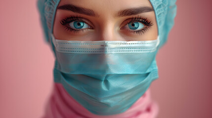 Muslim woman doctor wearing medical mask, muslim girl wearing mask for viral infection