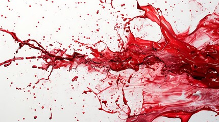 Ruby red paint splashes frozen in motion, capturing the fluidity and movement on a clean white canvas.