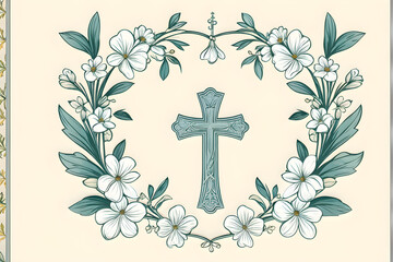 Catholic Christian Cross with flowers and leaves inside, First Communion cross, Christening, Baptism, vector illustration style