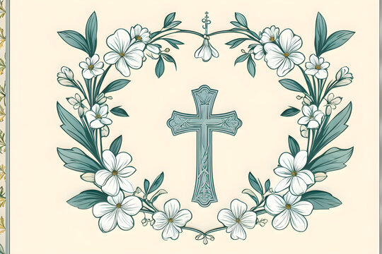 Catholic Christian Cross with flowers and leaves inside, First Communion cross, Christening, Baptism, vector illustration style