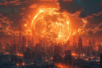Obraz premium Dramatic scene of a fiery moon rising over a cityscape, creating a surreal and powerful image. Ideal for themes of fantasy, mystery, and urban landscapes.