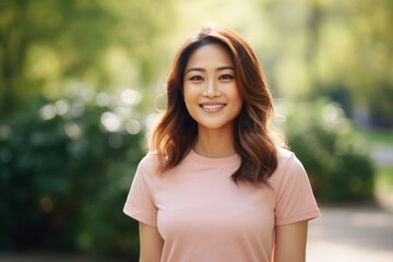Portrait of a cheerful asian woman in her 20s dressed in a casual t-shirt over vibrant city park
