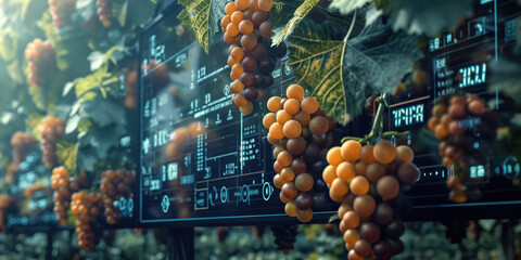 Grapevine with digital data overlay showcasing vineyard technology. Concept of smart viticulture and precision agriculture. Background of innovative grape farming.