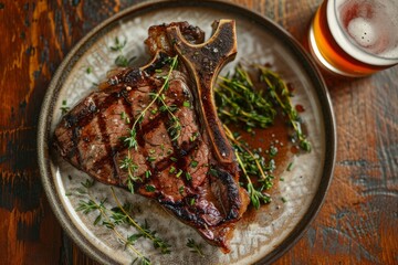 Grilled T-bone Steak with Thyme Garnish