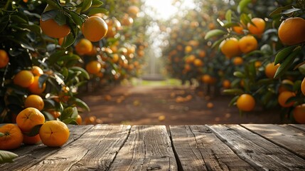 Serene Wooden Table Surrounded by Rows of Citrus Trees Laden with Sun-Kissed Oranges and Lemons