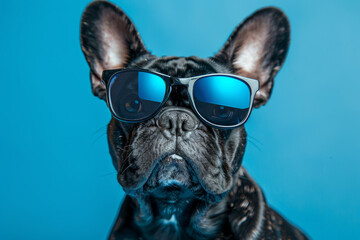 Cool French Bulldog Wearing Sunglasses on Blue Background