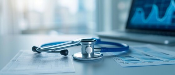 Data charts and medical reports from a clinical trial, photorealistic, detailed background