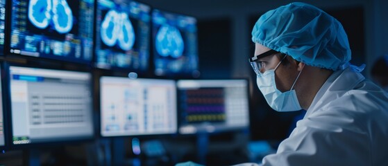 Medical researcher examining clinical trial data charts, photorealistic, high detail