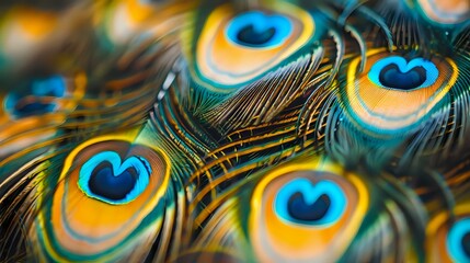 Close-up of vibrant peacock feathers, showcasing their intricate patterns and bright colors. Ideal for themes of nature, beauty, and art.