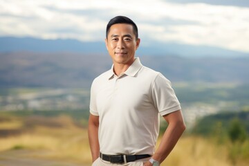 Portrait of a glad asian man in his 40s wearing a breathable golf polo isolated in panoramic mountain vista