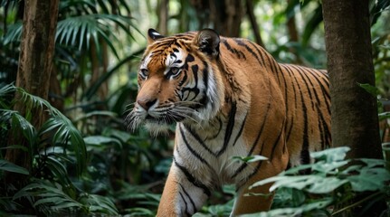 Majestic Bengal tiger fierce and wild hides in tropical