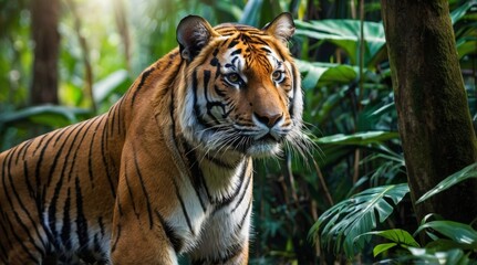 Obraz premium Majestic Bengal tiger fierce and wild hides in tropical
