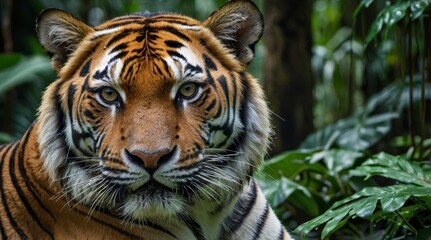 Fototapeta premium Majestic Bengal tiger fierce and wild hides in tropical