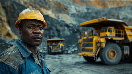 an african egineer dressed in a clean grey and blue worksuit directing trucks of copper at morden looking mine, clean,generative ai