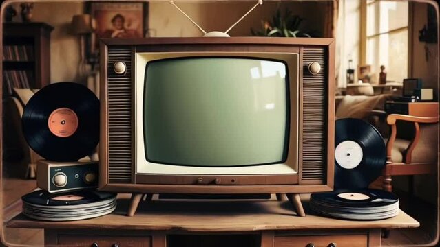 a vintage television set with a wooden cabinet and a few knobs on the front. The TV is placed on a old wooden TV stand, with a few vintage electronics and a few vinyl records surrounding it. The backg