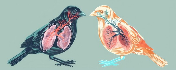 Comparative anatomy, bird and mammal respiratory systems, flat design illustration