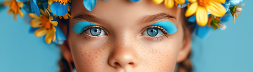 Close-up Portrait of a Child with Blue Face Paint and a Flower Crown, Celebrating Children's Day and Artistic Expression