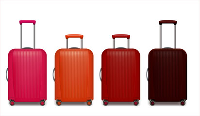 Set of Realistic red wheeled travel bags with hand. Plastic travel suitcase. 3d illustration isolated on white background. Vector illustration.