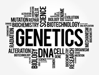 Fototapeta premium Genetics is a branch of biology concerned with the study of genes, genetic variation, and heredity in organisms, word cloud concept background