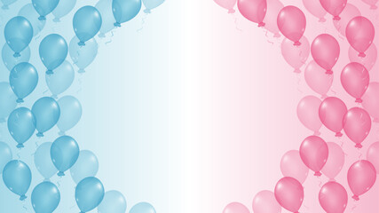  Celebration background with pink and blue balloons for gender party. Boy or girl. Know gender of unborn child. Baby Shower party decor. Design for holiday greeting card and invitation