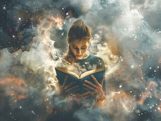 Naklejka premium Engaging in Mental Stimulation: Person Reading a Challenging Book Expanding Knowledge