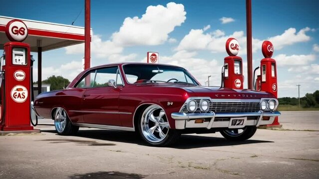 a 1962 Chevrolet Impala with a shiny red body and gleaming chrome wheels. The car is parked in a old gas station, with a few vintage gas pumps and signs surrounding it. The background of a sunny day w
