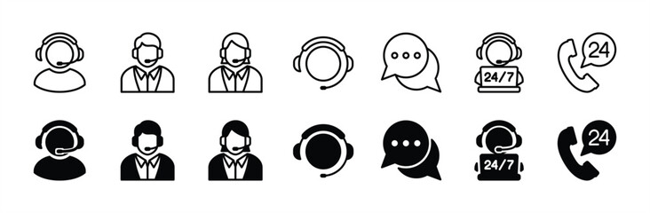 Customer service and support icon set. Containing assistance, operator, help desk, technical, call center, contact, 24 hour chat answer, guidance, info, message, question, faq. Vector illustration