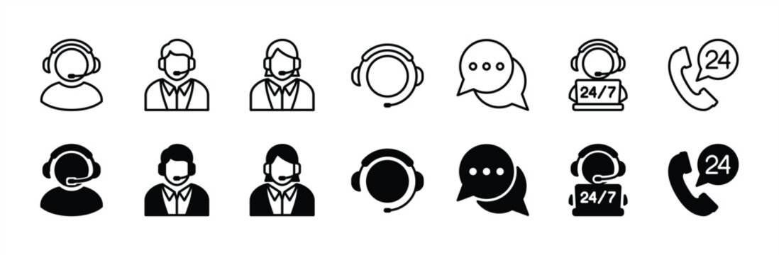 Customer service and support icon set. Containing assistance, operator, help desk, technical, call center, contact, 24 hour chat answer, guidance, info, message, question, faq. Vector illustration