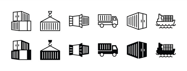 Delivery container ship thin line icon set. Containing shipping storage, cargo crane, freight, truck, and dockyard. Vector illustration - obrazy, fototapety, plakaty