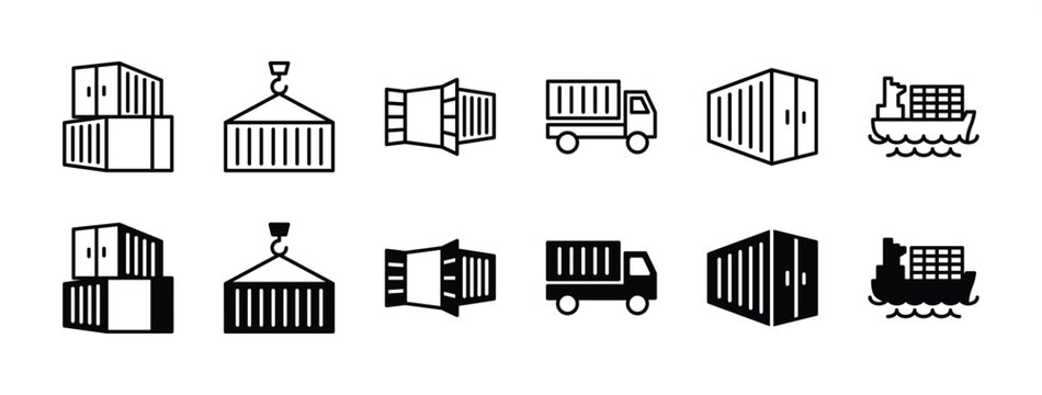 Delivery container ship thin line icon set. Containing shipping storage, cargo crane, freight, truck, and dockyard. Vector illustration