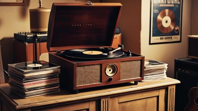 a vintage record player with a few records stacked next to it. The record player is placed on a old wooden cabinet, with a few vintage music instruments surrounding it. The background music room with 