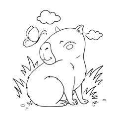 cute capybara with butterfly in nature coloring page, drawing in cartoon style,black outline vector illustration isolated on white background, template for coloring or activity books for kids