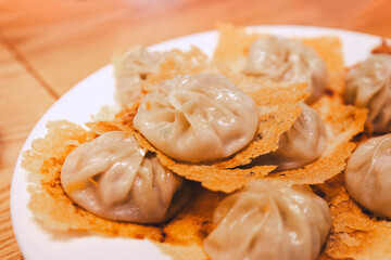 Taiwanese and Japanese fried gyoza dumpling Xiao long bao food in a plate at Taipei Taiwan