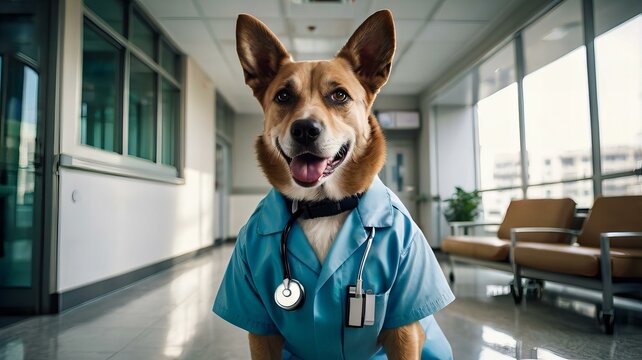 Dog  dressed in medical uniform at hospital background.