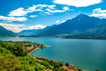 Fototapeta premium Panorama of the town of Domaso and Lake Como, on a summer day.
