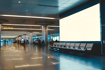 Modern Airport Terminal with Empty Seats and Large Blank Screen