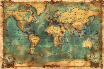 Old map of the world with a vintage filter, great for historical or travel-themed projects.