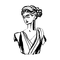Ancient statue, female bust, hand drawn, line art, vector illustration