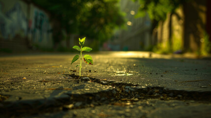 A tiny plant sprouts from a crack in the pavement.