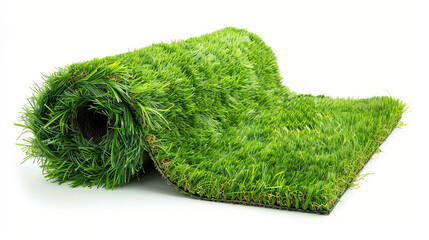 Fototapeta premium Artificial grass roll is green in color and is shown separately from a white background.