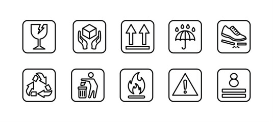 Fragile package thin line icon vector set. Delivery or shipping labels. Containing handle with care, side up, keep dry, step on, throw garbage, flammable, stack max, warning, recyclable, caution