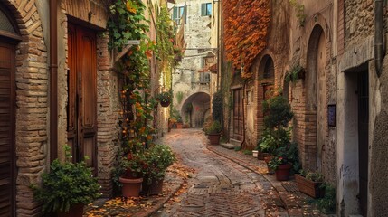 Charming, narrow street in Spello, an ancient town in Italy.