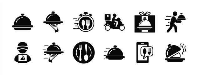 Food delivery flat icon set. Express, fast, speed or quick service for shipping catering order online. Containing tray, cloche, courier, time, fork, spoon, plate, package, waiter. Vector illustration