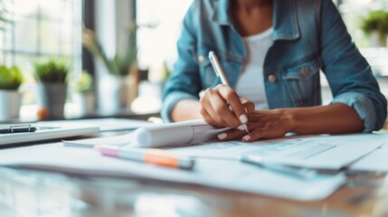 Architects hand meticulously reviewing blueprints with a pen showcases focus and detail in their profession
