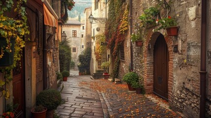 Charming, narrow street in Spello, an ancient town in Italy.