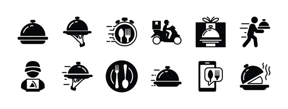 Food delivery flat icon set. Express, fast, speed or quick service for shipping catering order online. Containing tray, cloche, courier, time, fork, spoon, plate, package, waiter. Vector illustration